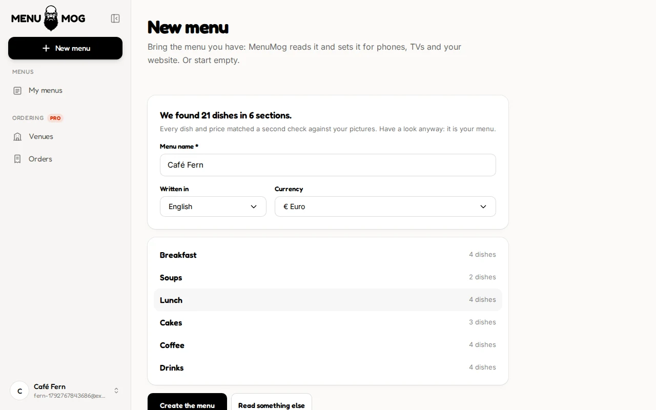MenuMog's review screen: We found 21 dishes in 6 sections, with the sections listed and nothing left to check